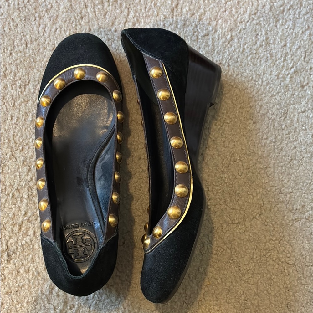 Tory Burch Black and Gold Wedge Shoes